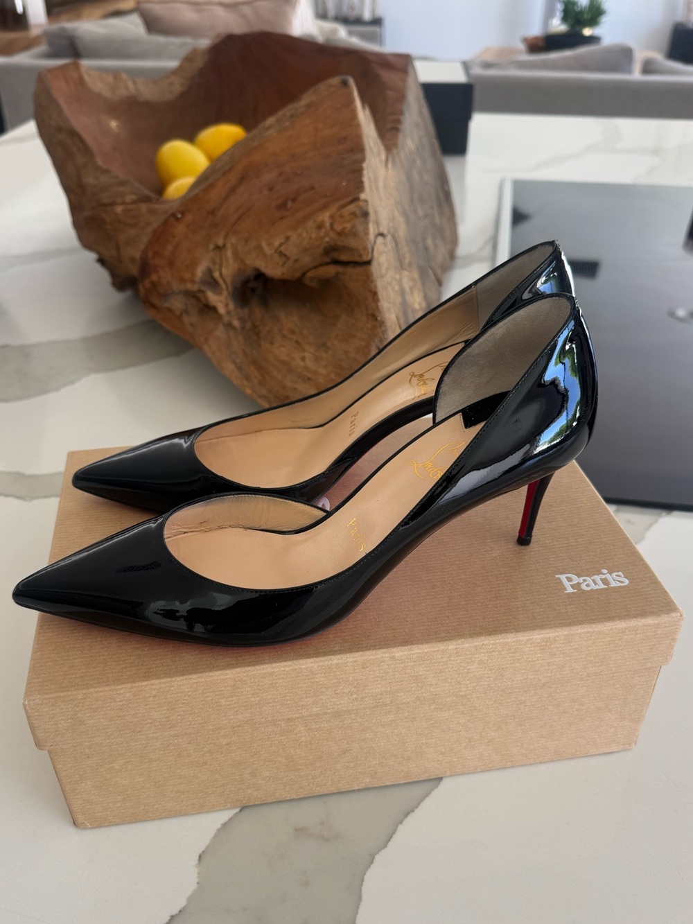 Christian Louboutin Black Patent Pointed-Toe Stiletto Pumps with Red Sole